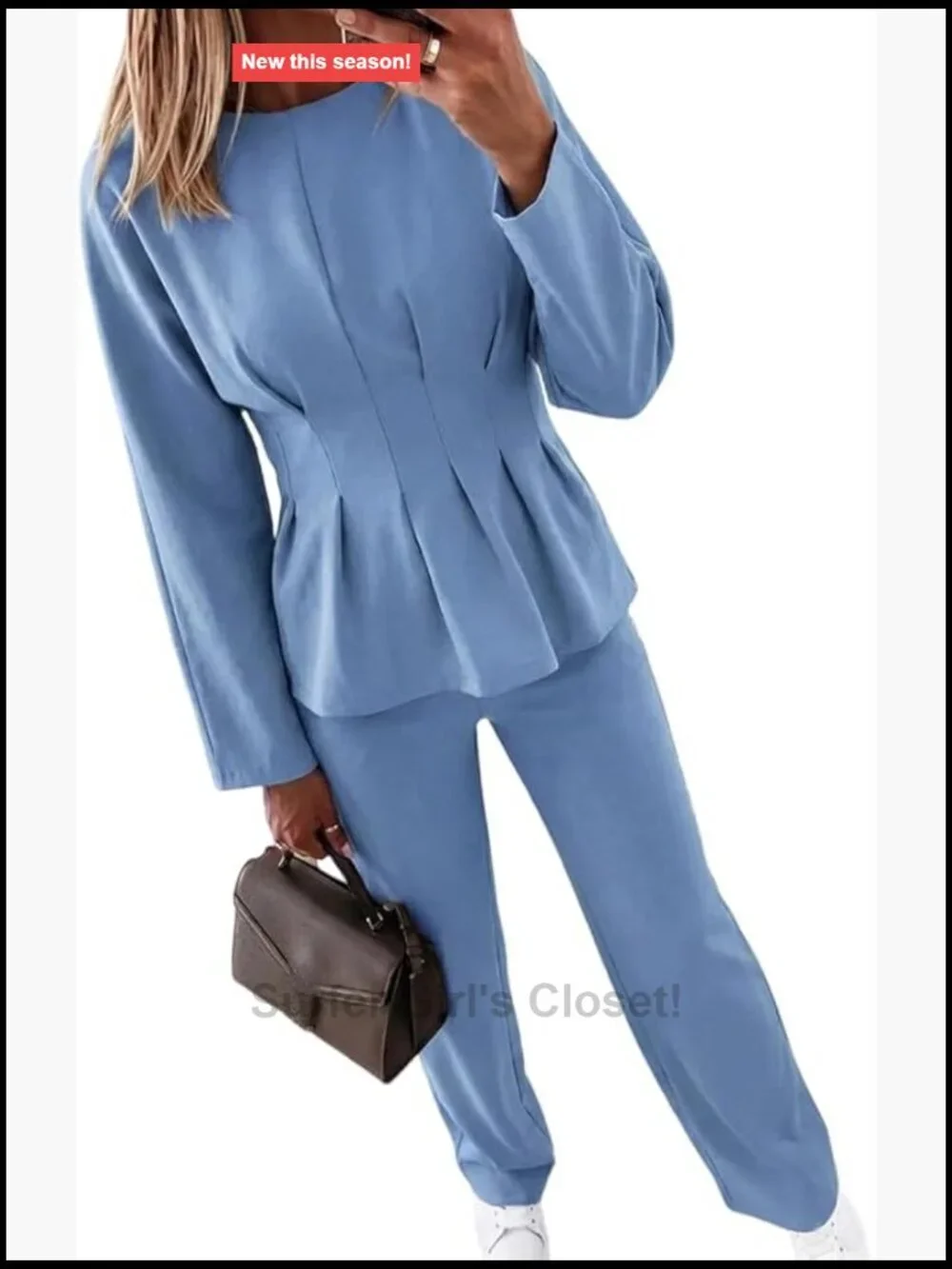 Women's 2 Piece Outfits Long Sleeve Ruched Top Wide Leg Pants Set Business